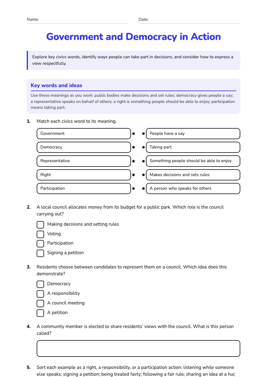 Government and Democracy in Action worksheet preview