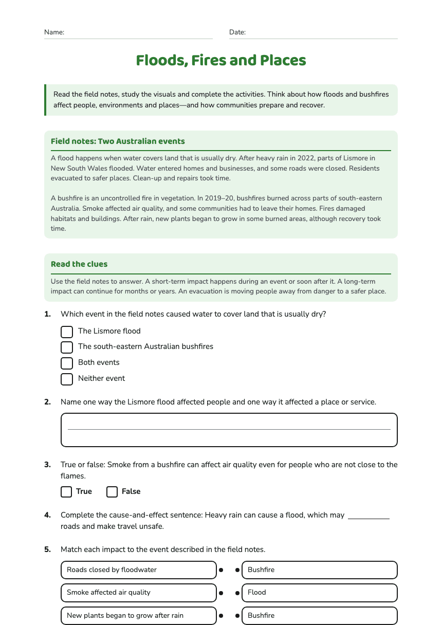 Floods, Fires and Places worksheet preview