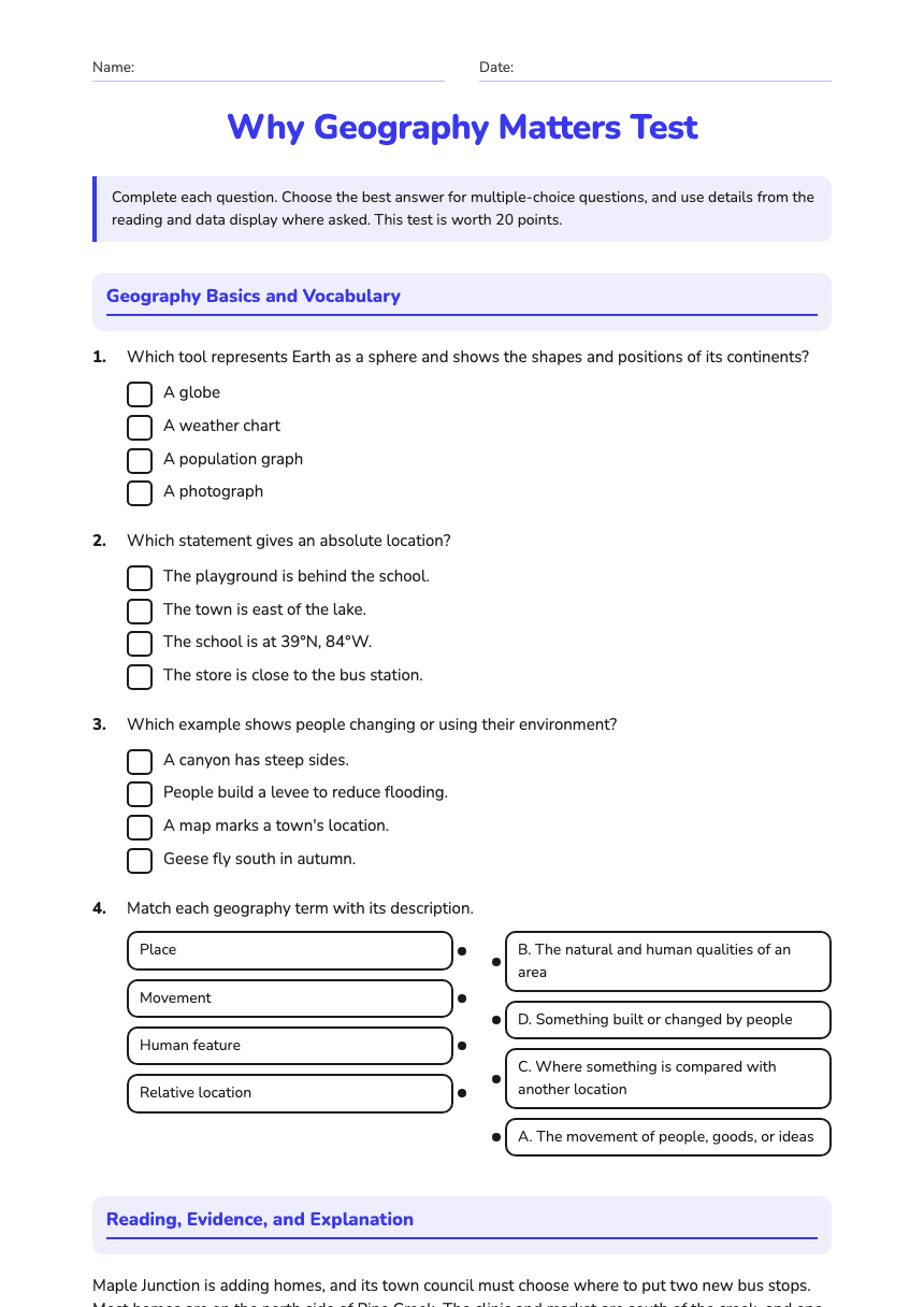 Why Geography Matters Test worksheet preview