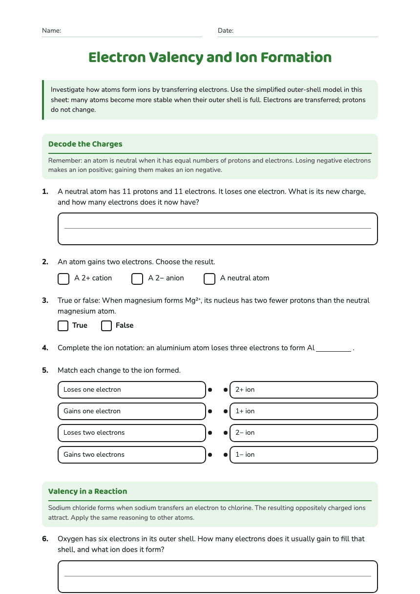 Electron Valency and Ion Formation worksheet preview