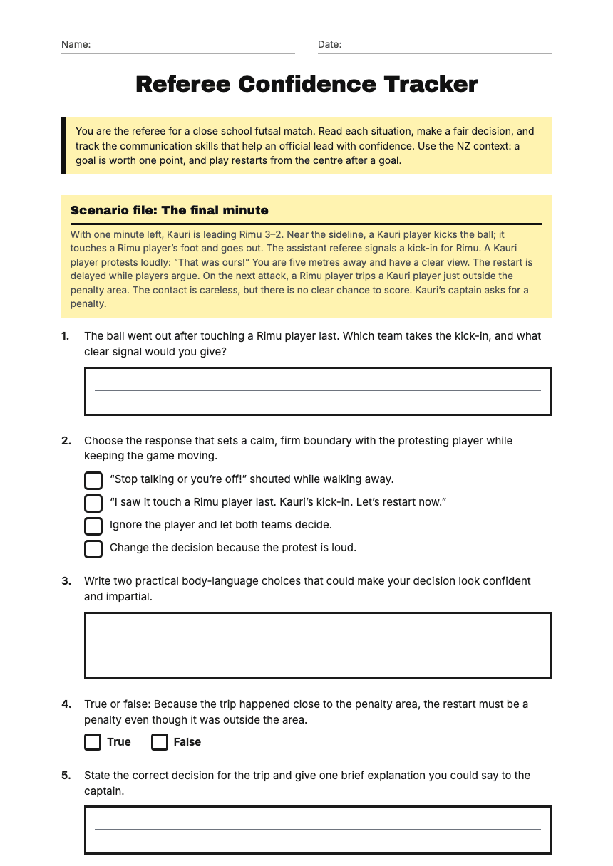 Referee Confidence Tracker worksheet preview
