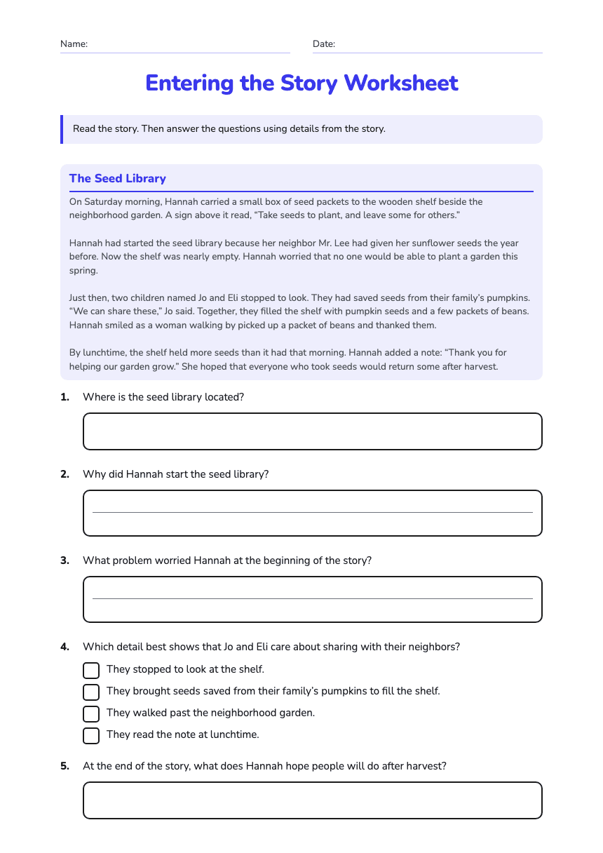 Entering the Story Worksheet worksheet preview