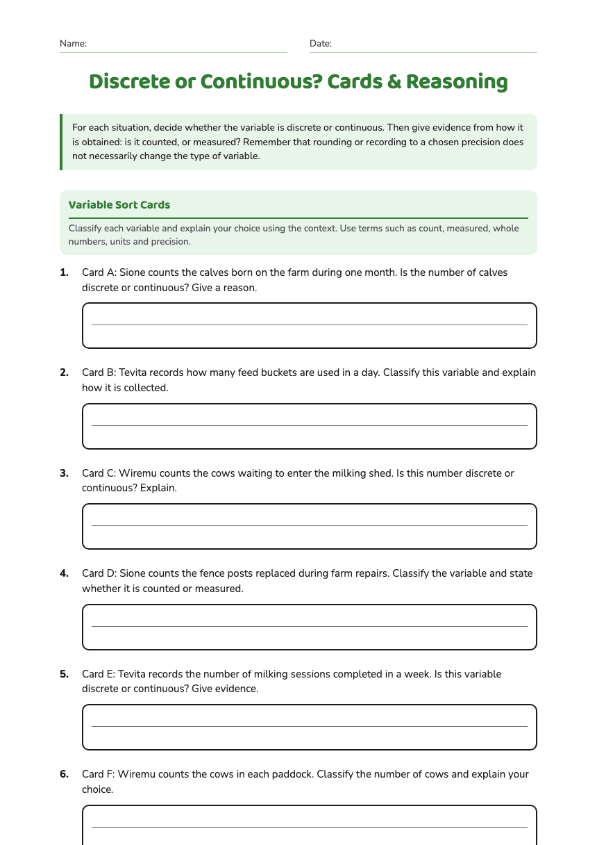 Discrete or Continuous? Cards & Reasoning worksheet preview