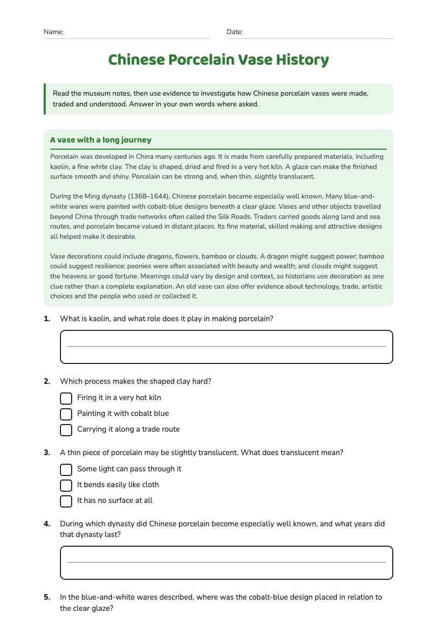 Chinese Porcelain Vase History worksheet preview
