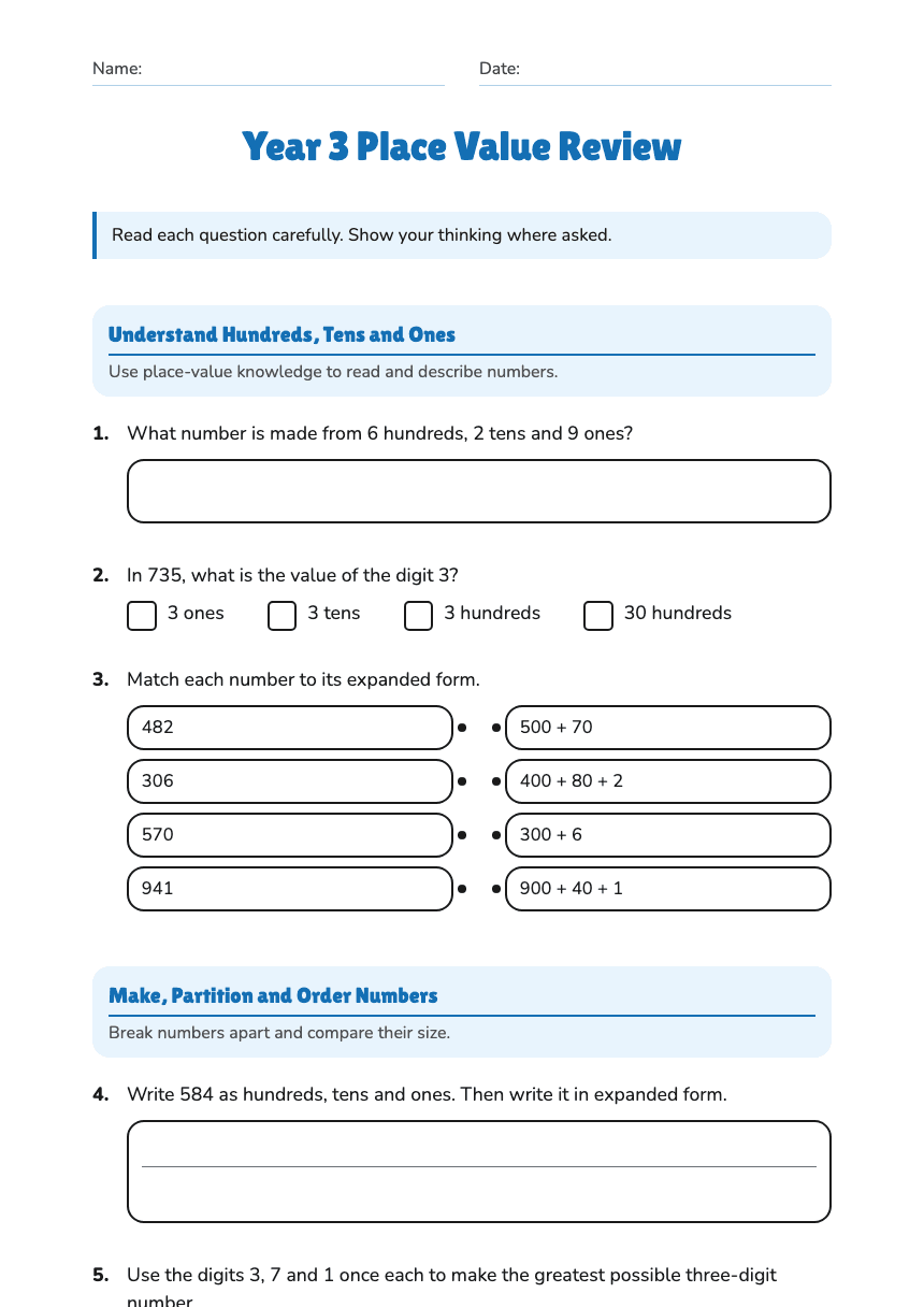 Year 3 Place Value Review worksheet preview