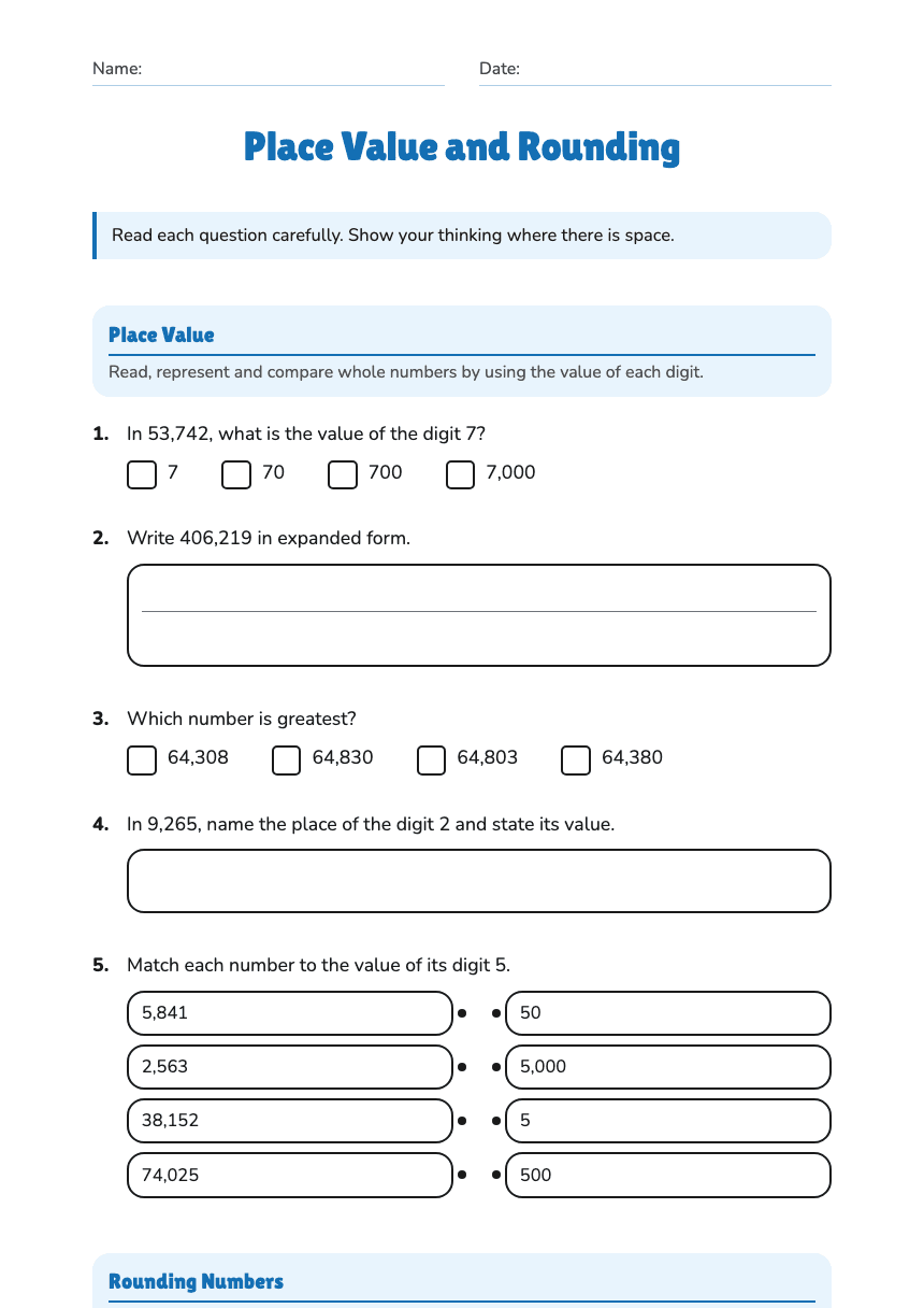 Place Value and Rounding worksheet preview