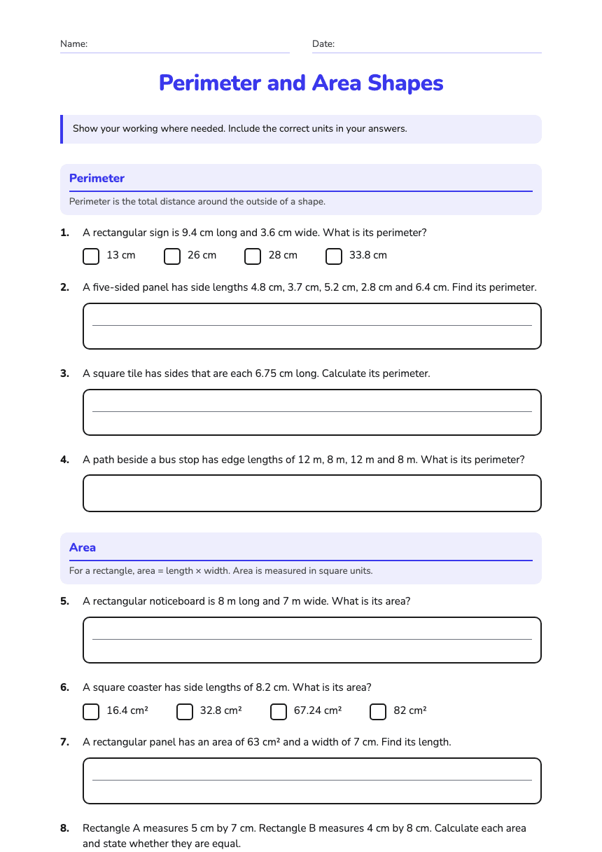 Perimeter and Area Shapes worksheet preview
