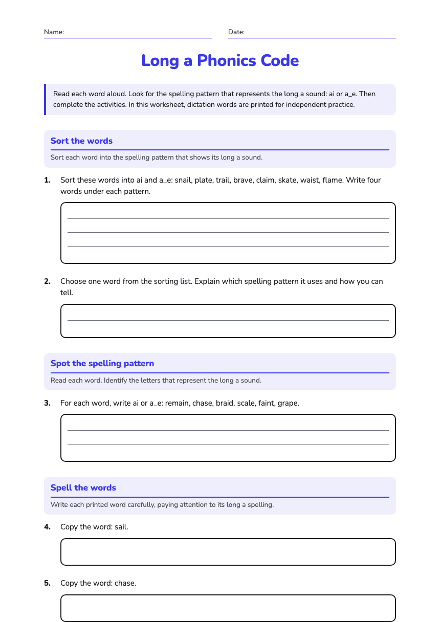 Long a Phonics Code worksheet preview