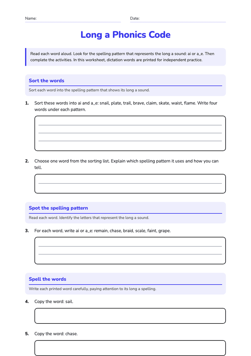 Long a Phonics Code