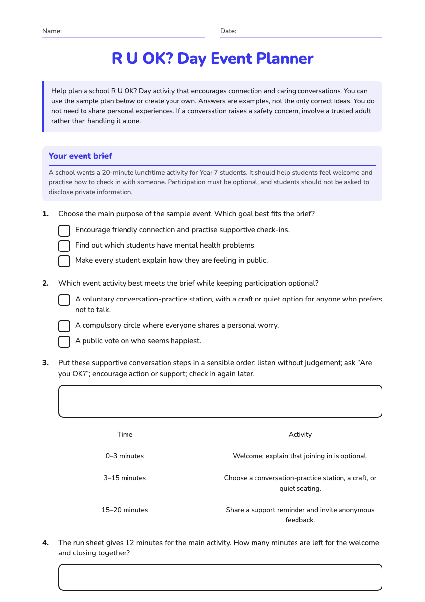 R U OK? Day Event Planner worksheet preview