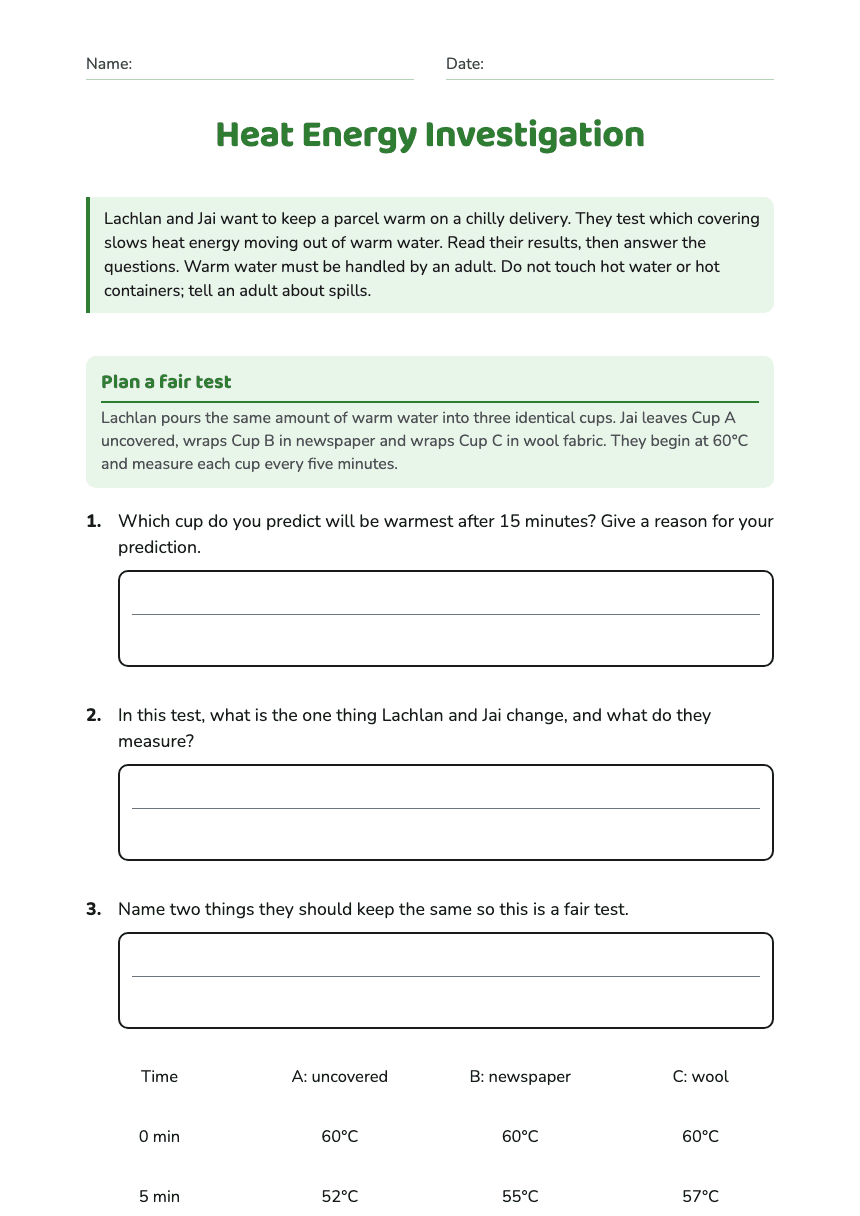 Heat Energy Investigation worksheet preview