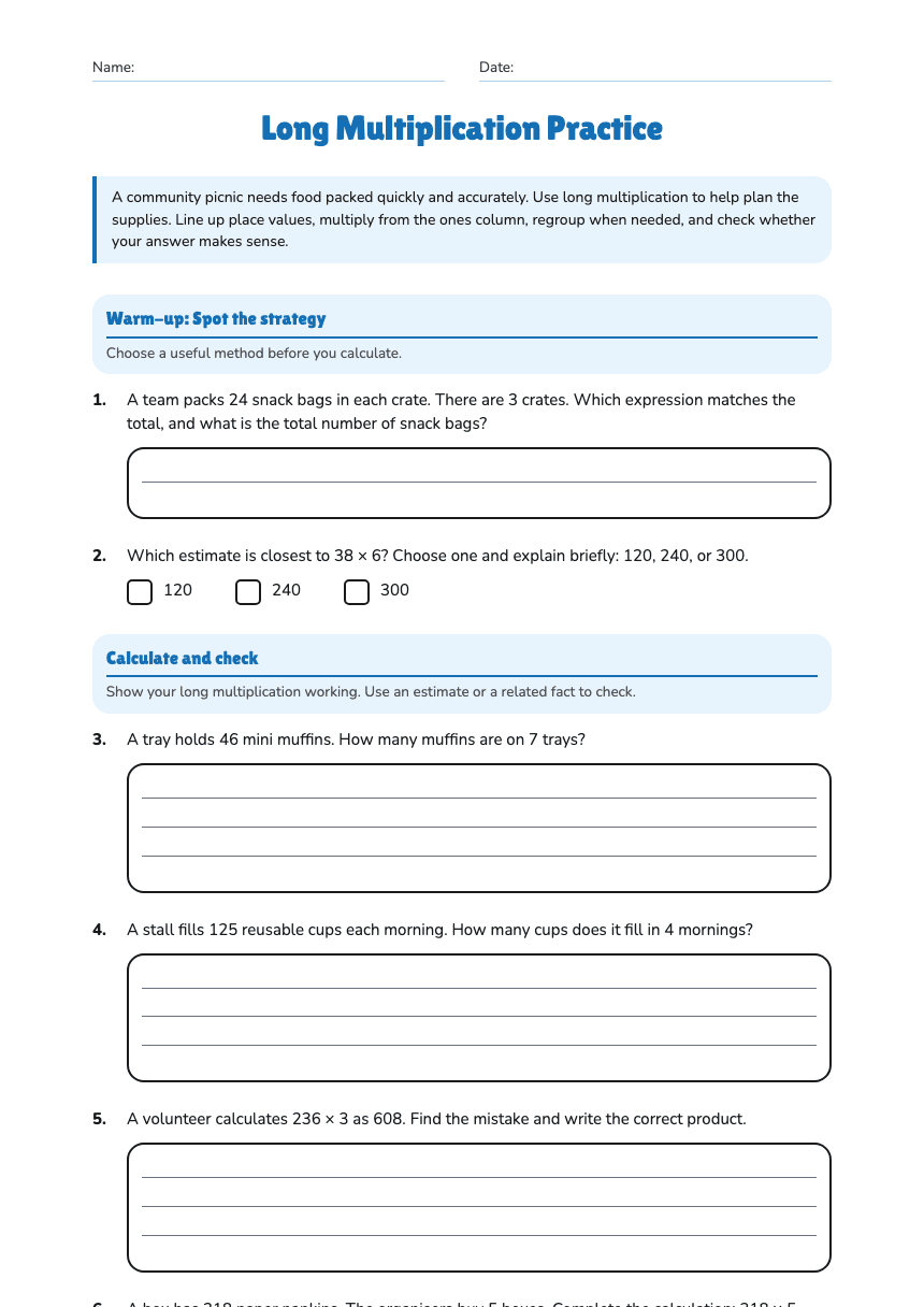 Long Multiplication Practice worksheet preview