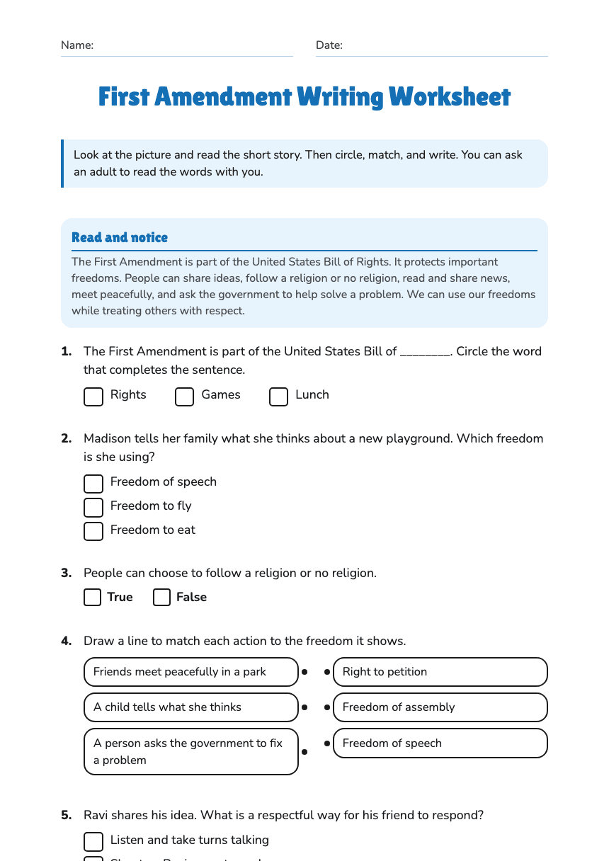 First Amendment Writing Worksheet worksheet preview