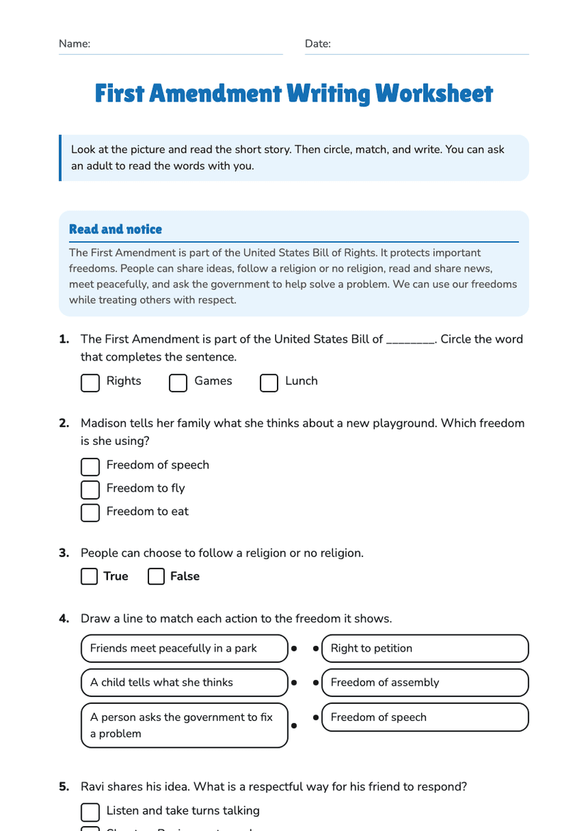 First Amendment Writing Worksheet