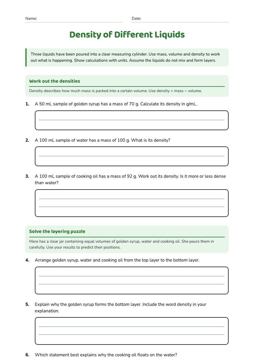 Density of Different Liquids worksheet preview