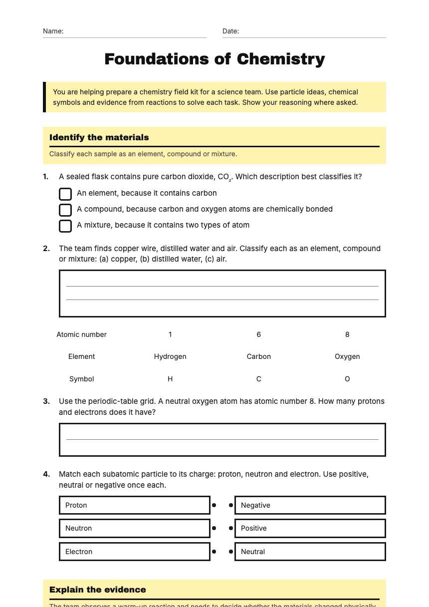 Foundations of Chemistry worksheet preview