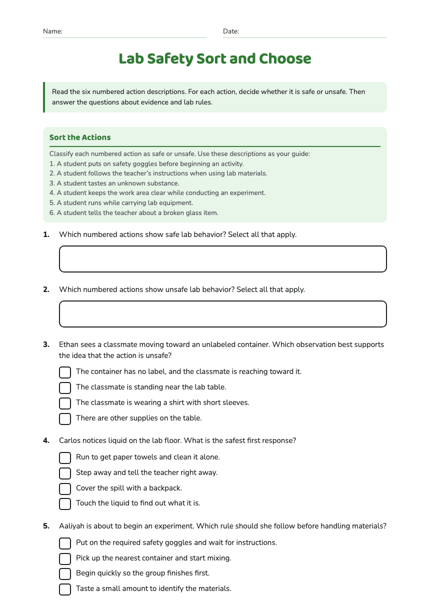 Lab Safety Sort and Choose worksheet preview