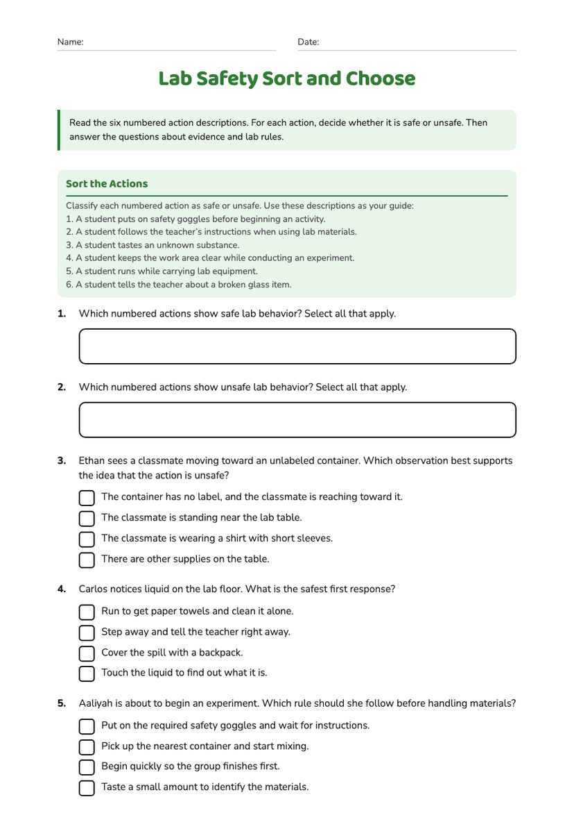 Lab Safety Sort and Choose