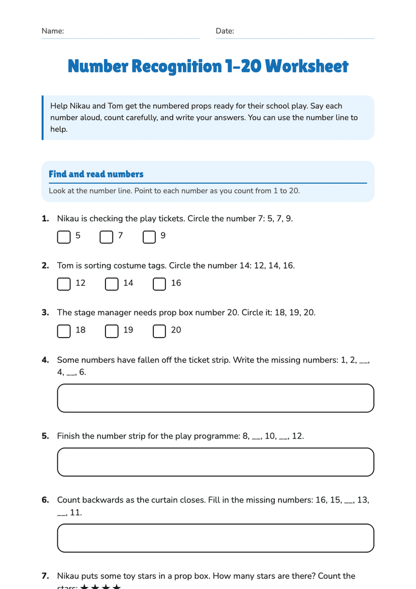 Number Recognition 1–20 Worksheet