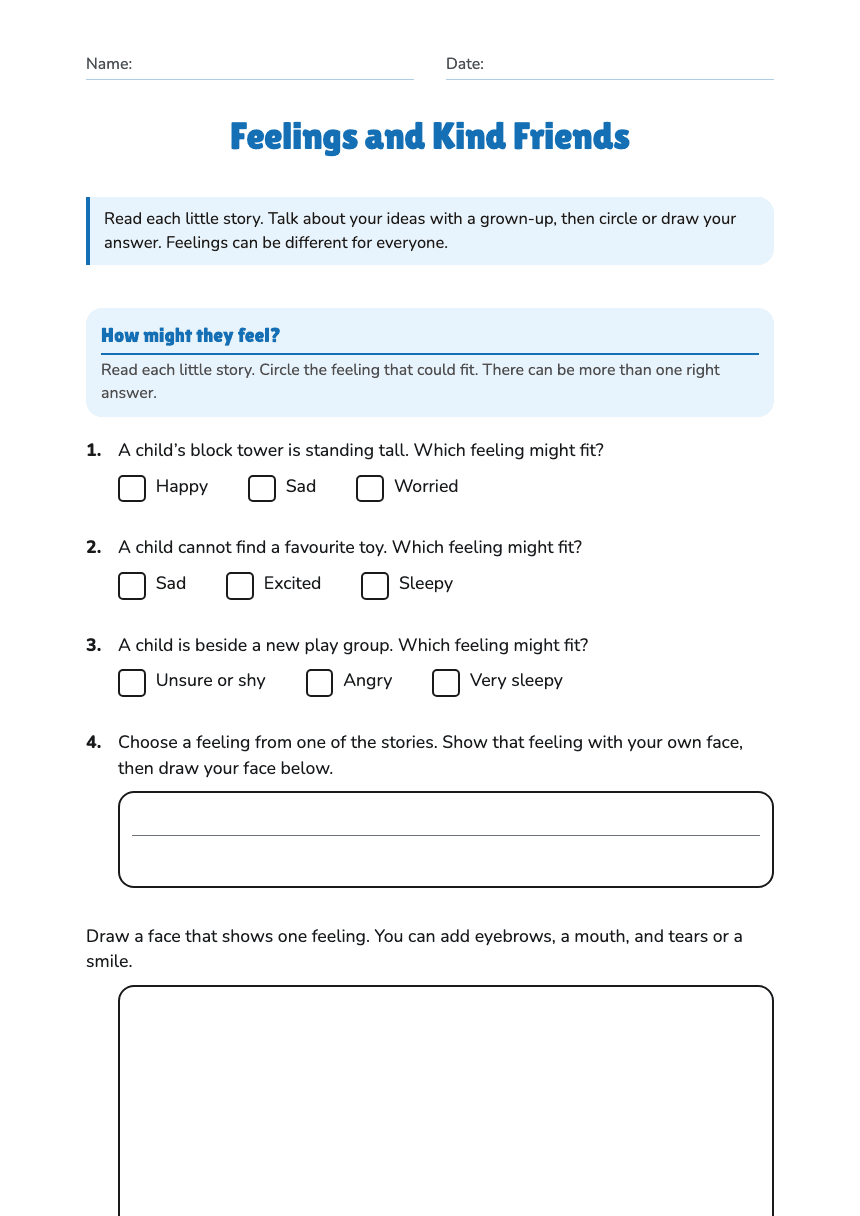 Feelings and Kind Friends worksheet preview