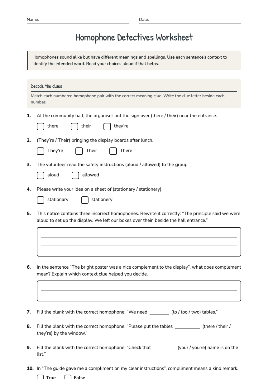 Homophone Detectives Worksheet worksheet preview