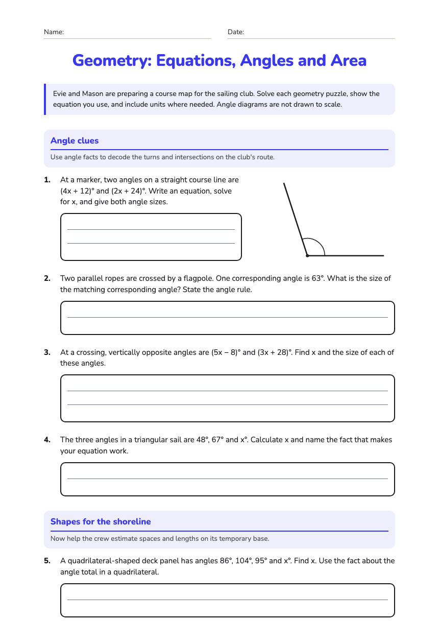Geometry: Equations, Angles and Area worksheet preview