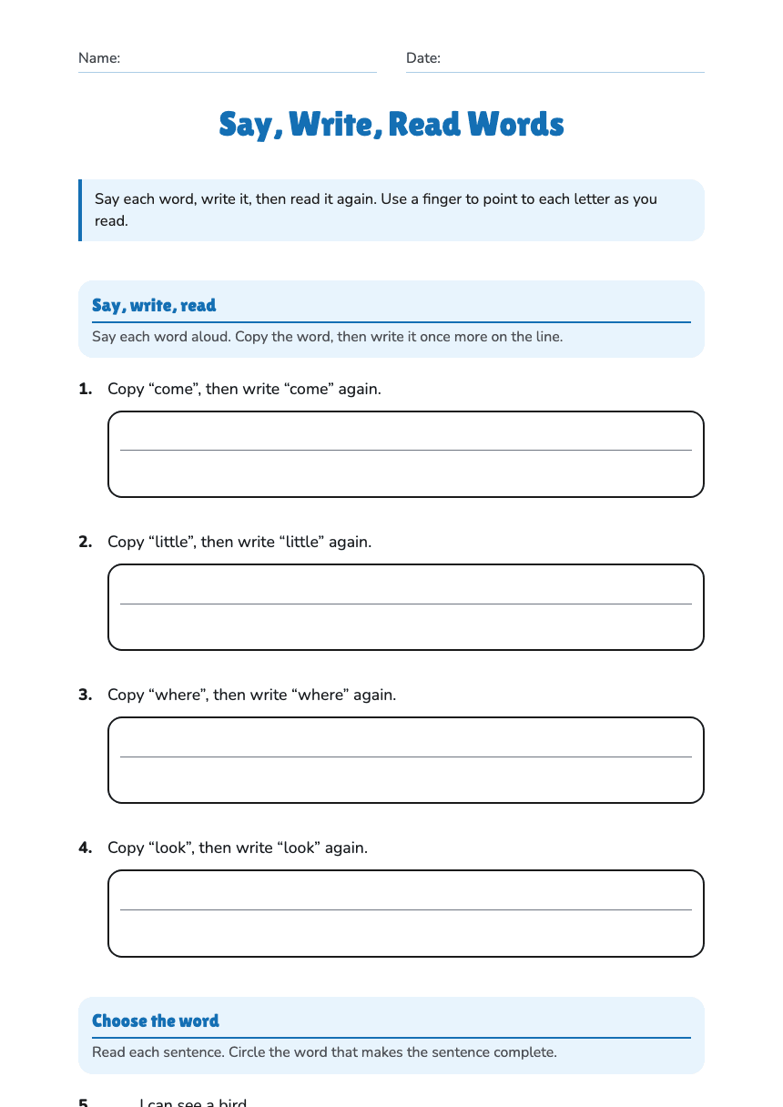 Say, Write, Read Words worksheet preview