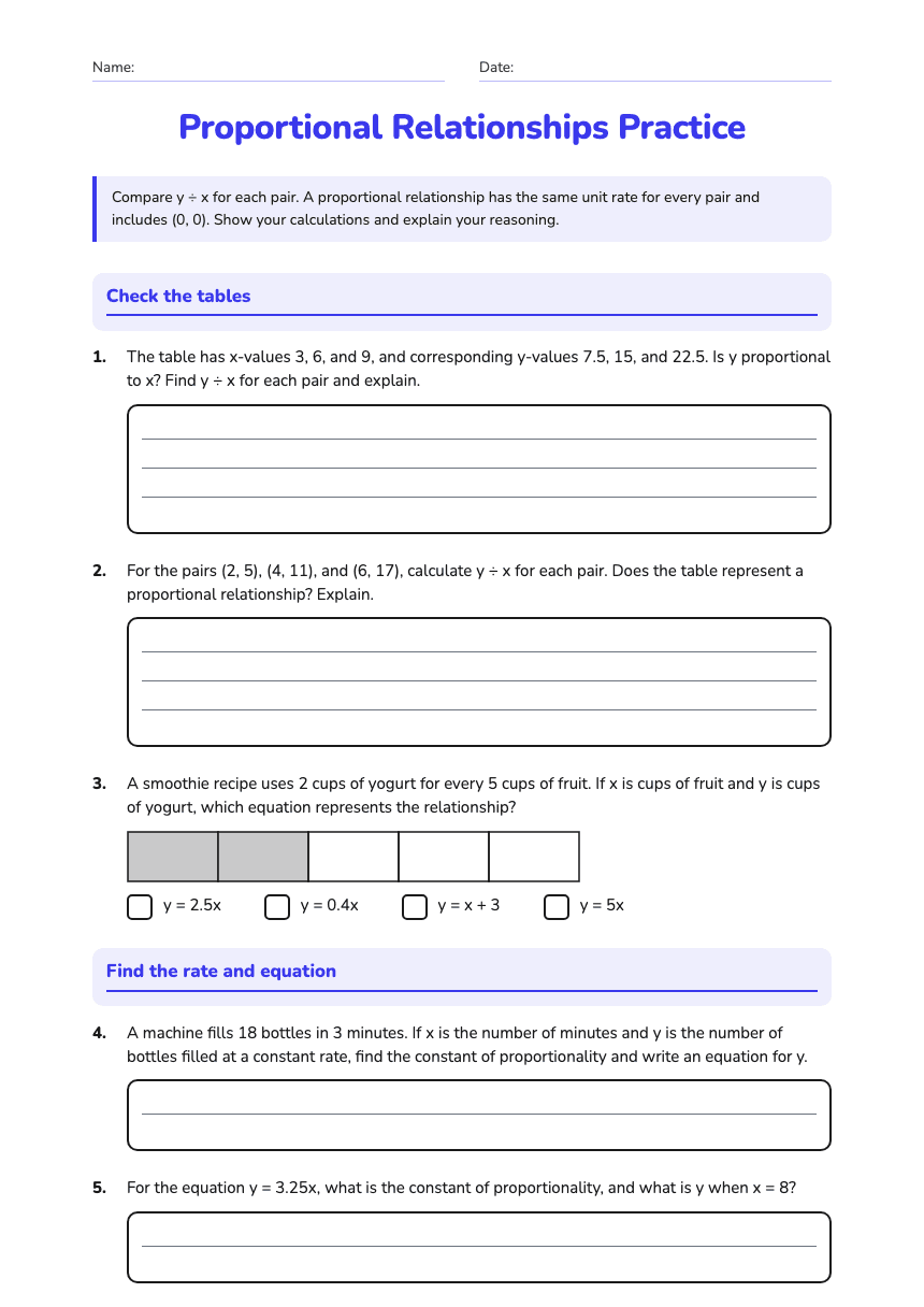 Proportional Relationships Practice worksheet preview