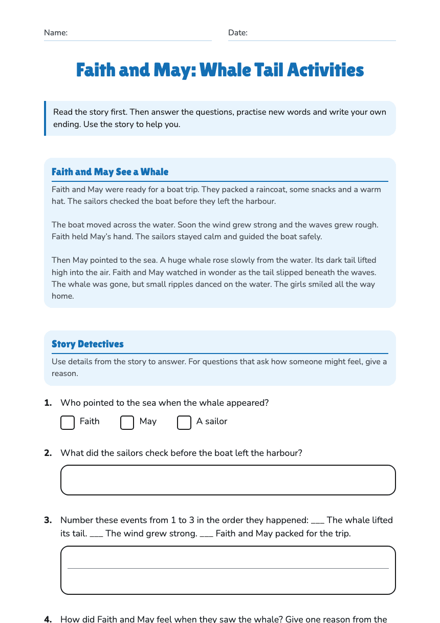 Faith and May: Whale Tail Activities worksheet preview
