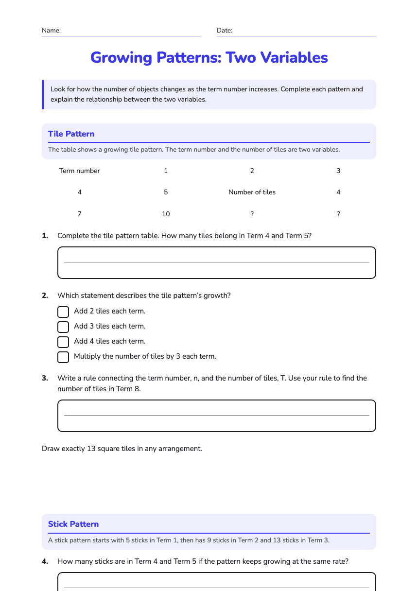 Growing Patterns: Two Variables worksheet preview