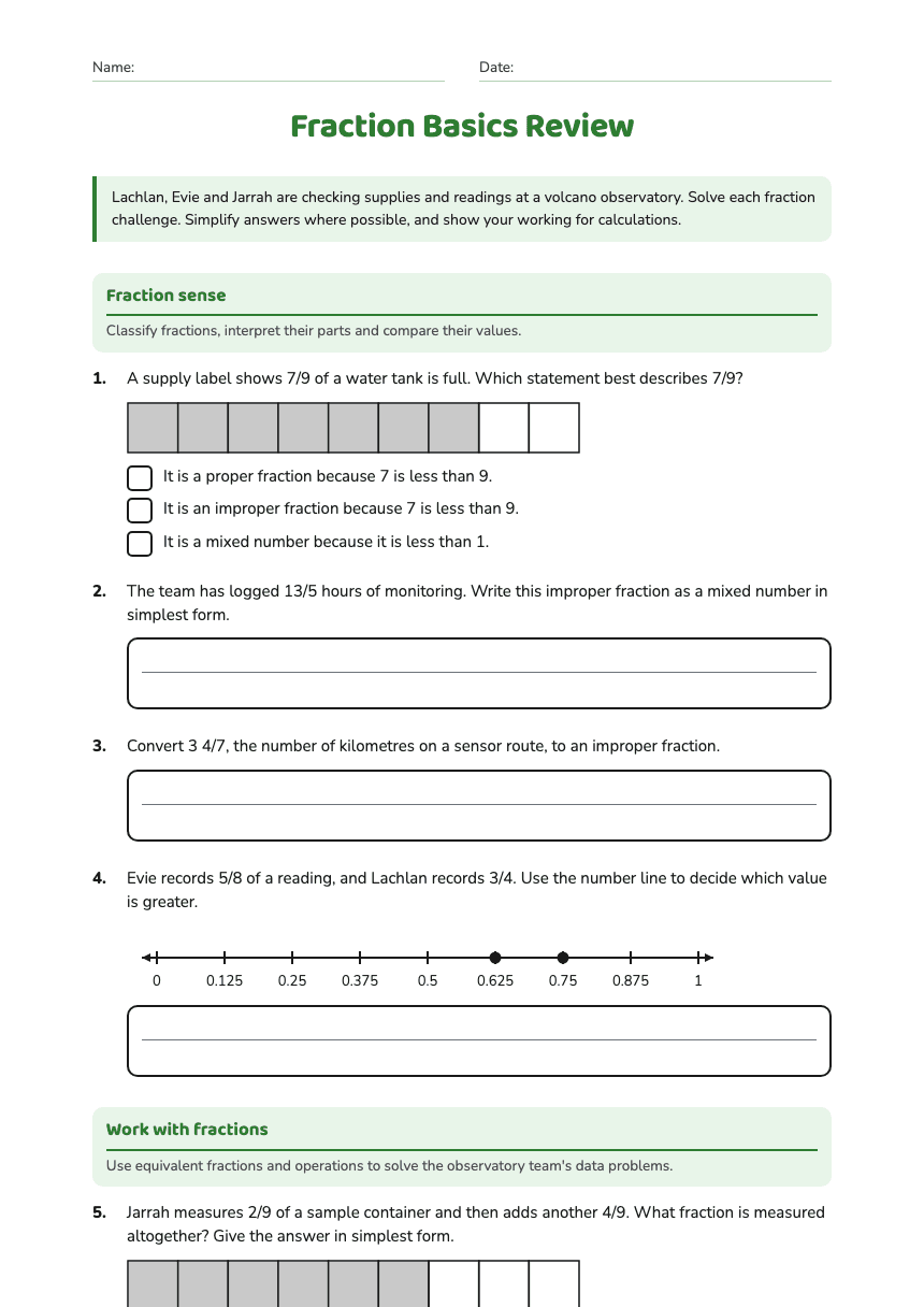 Fraction Basics Review worksheet preview