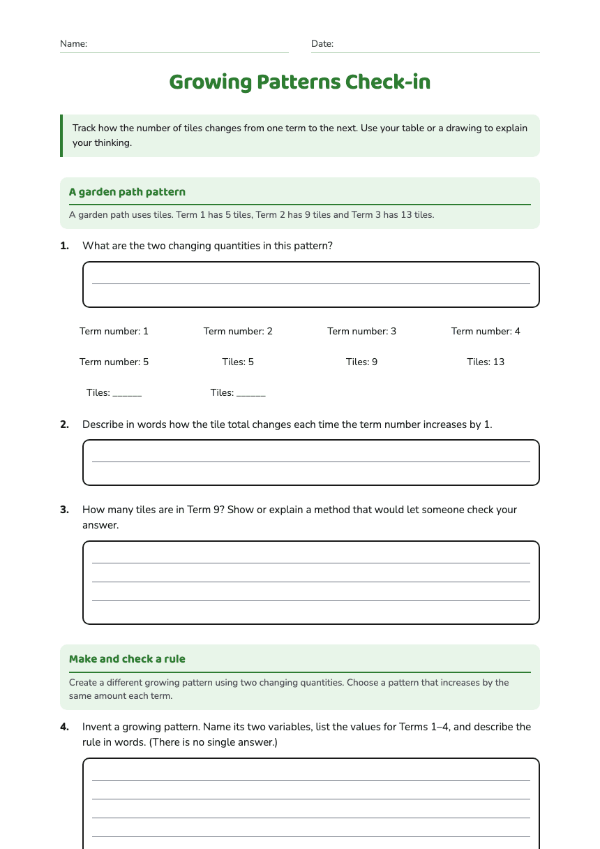 Growing Patterns Check-in worksheet preview