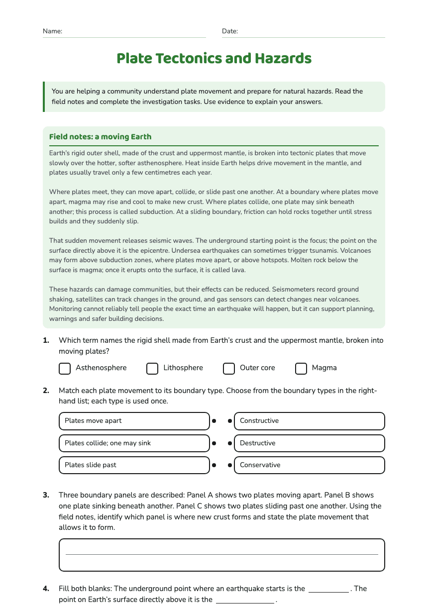 Plate Tectonics and Hazards worksheet preview