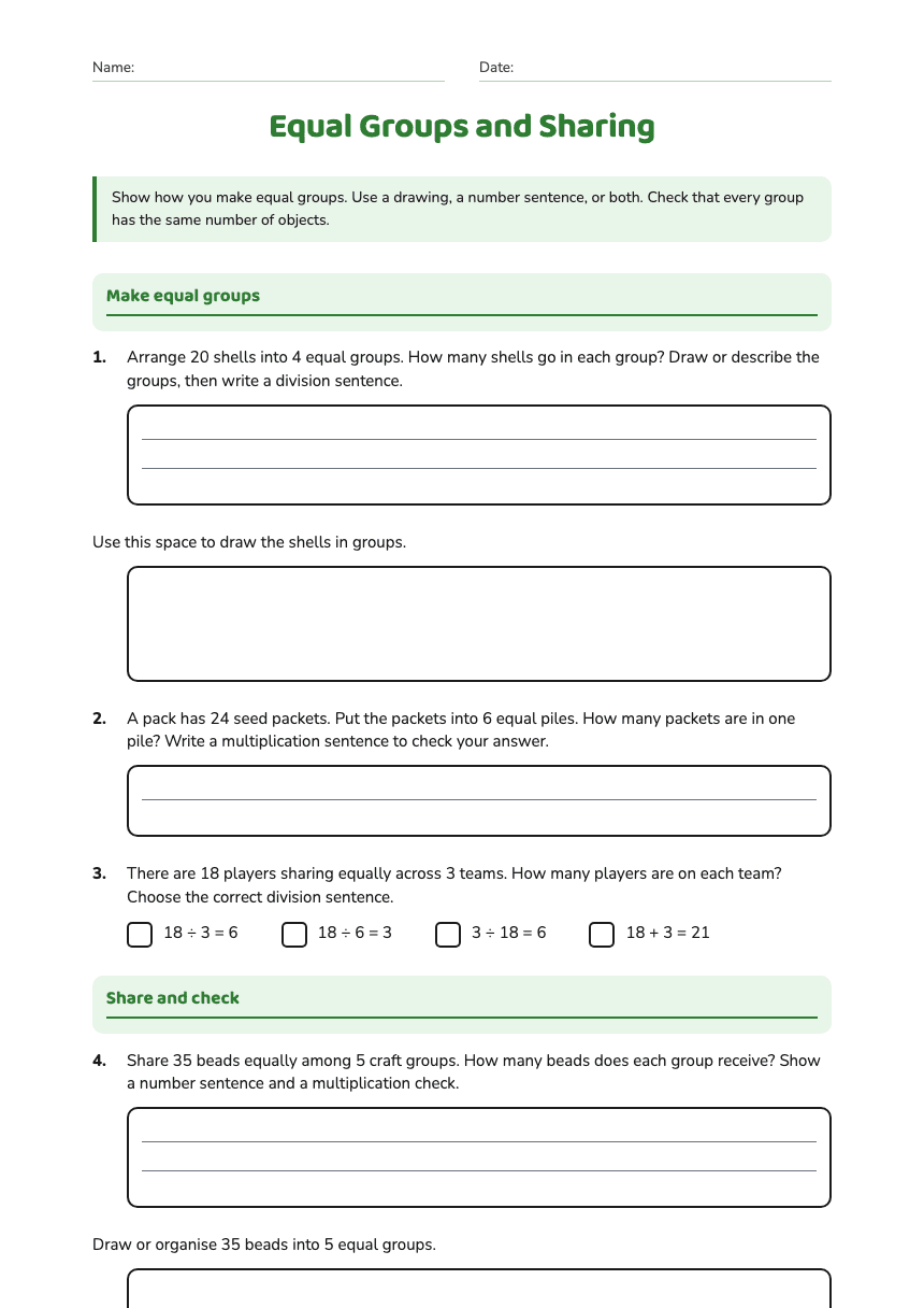 Equal Groups and Sharing worksheet preview