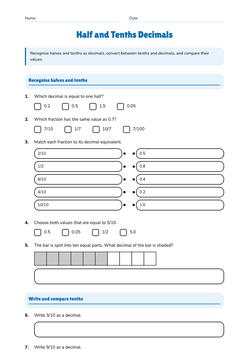 Half and Tenths Decimals worksheet preview