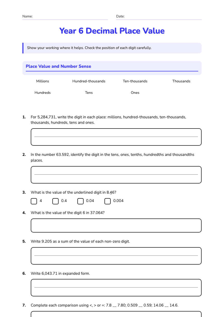 Year 6 Decimal Place Value worksheet preview