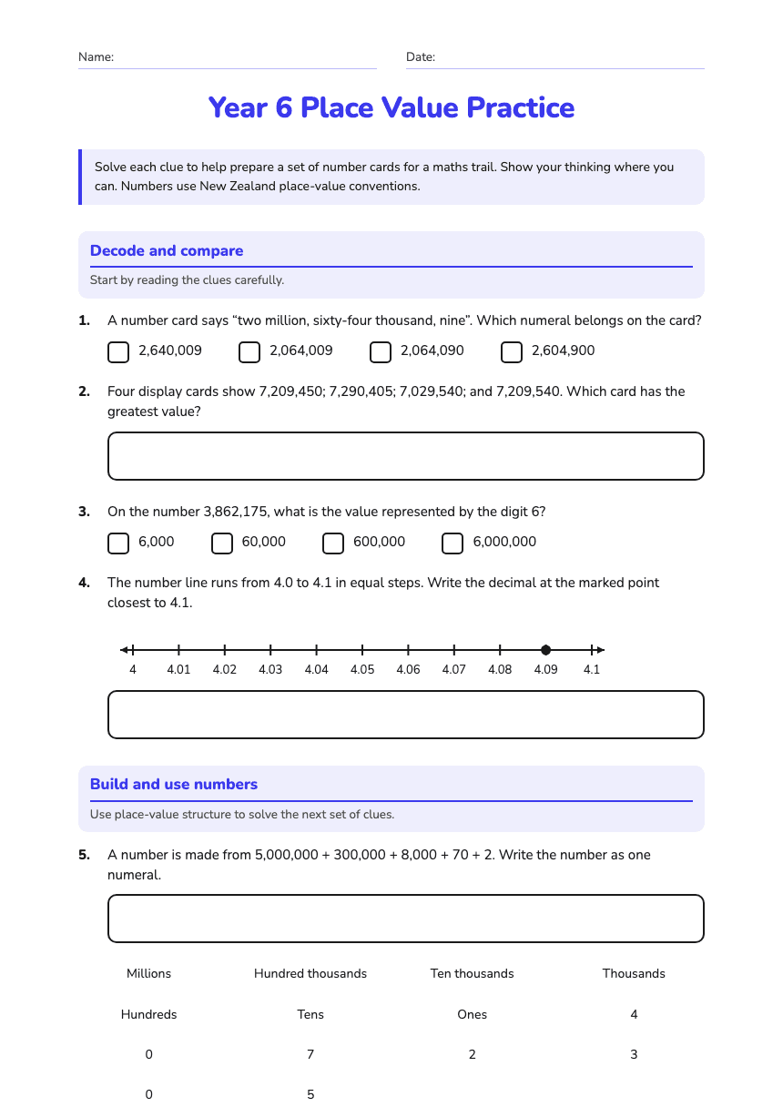 Year 6 Place Value Practice worksheet preview
