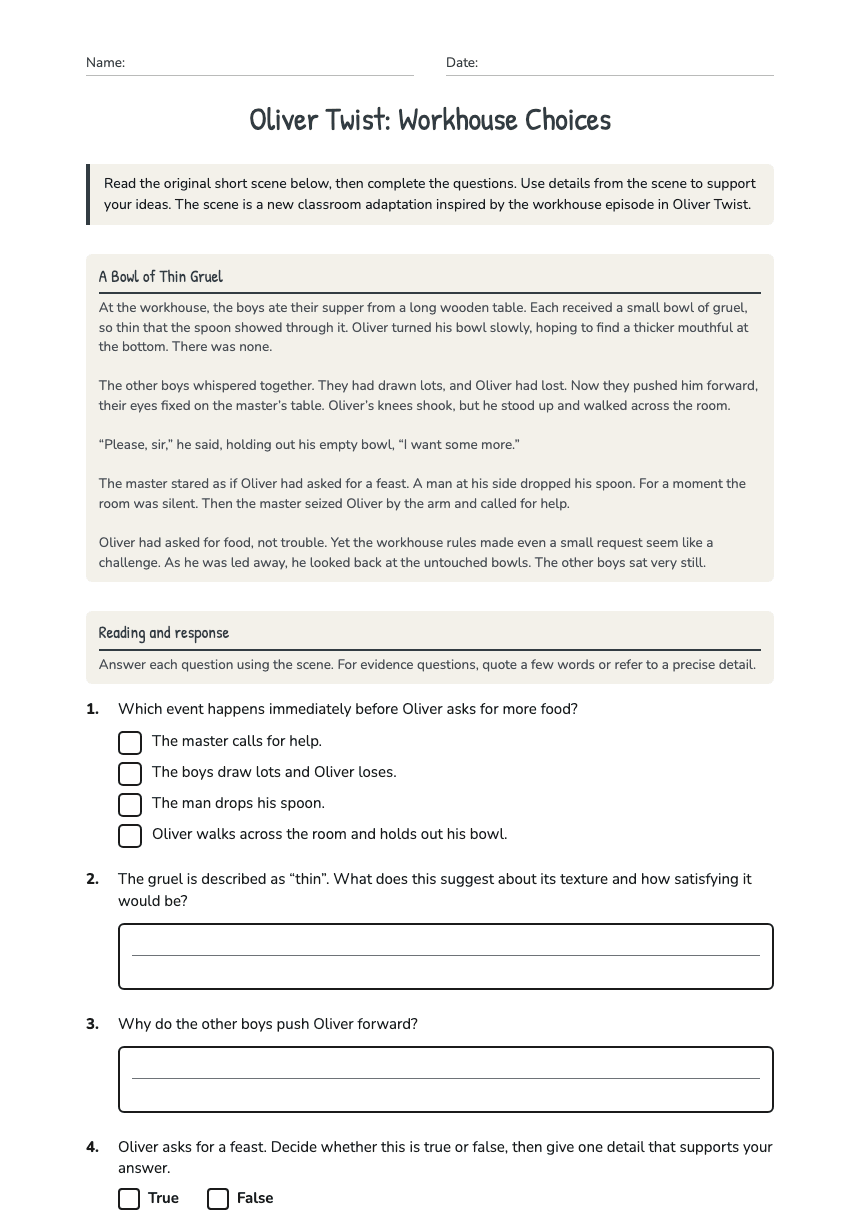 Oliver Twist: Workhouse Choices worksheet preview
