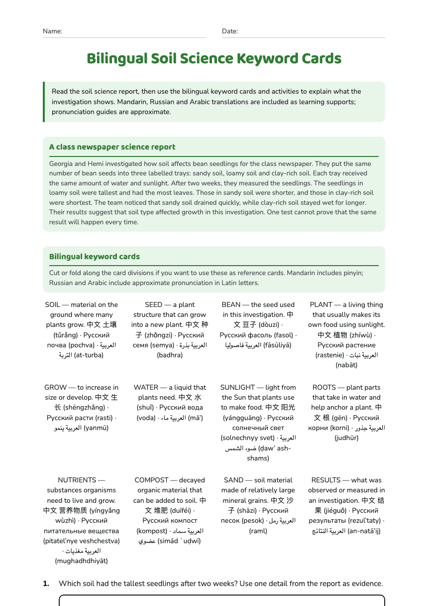 Bilingual Soil Science Keyword Cards worksheet preview