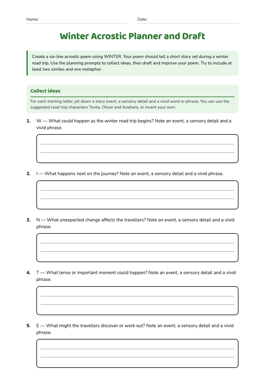 Winter Acrostic Planner and Draft worksheet preview