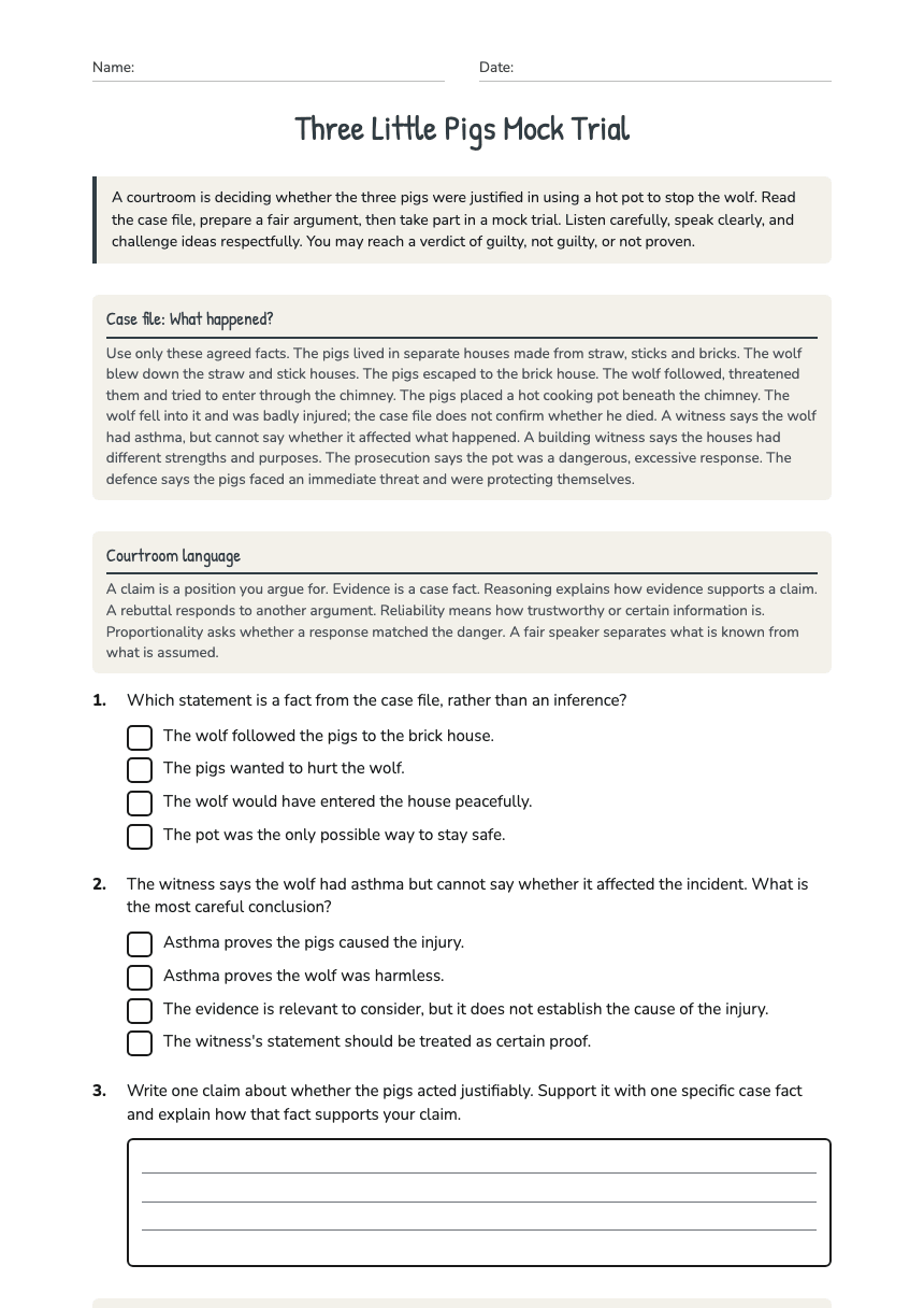 Three Little Pigs Mock Trial worksheet preview