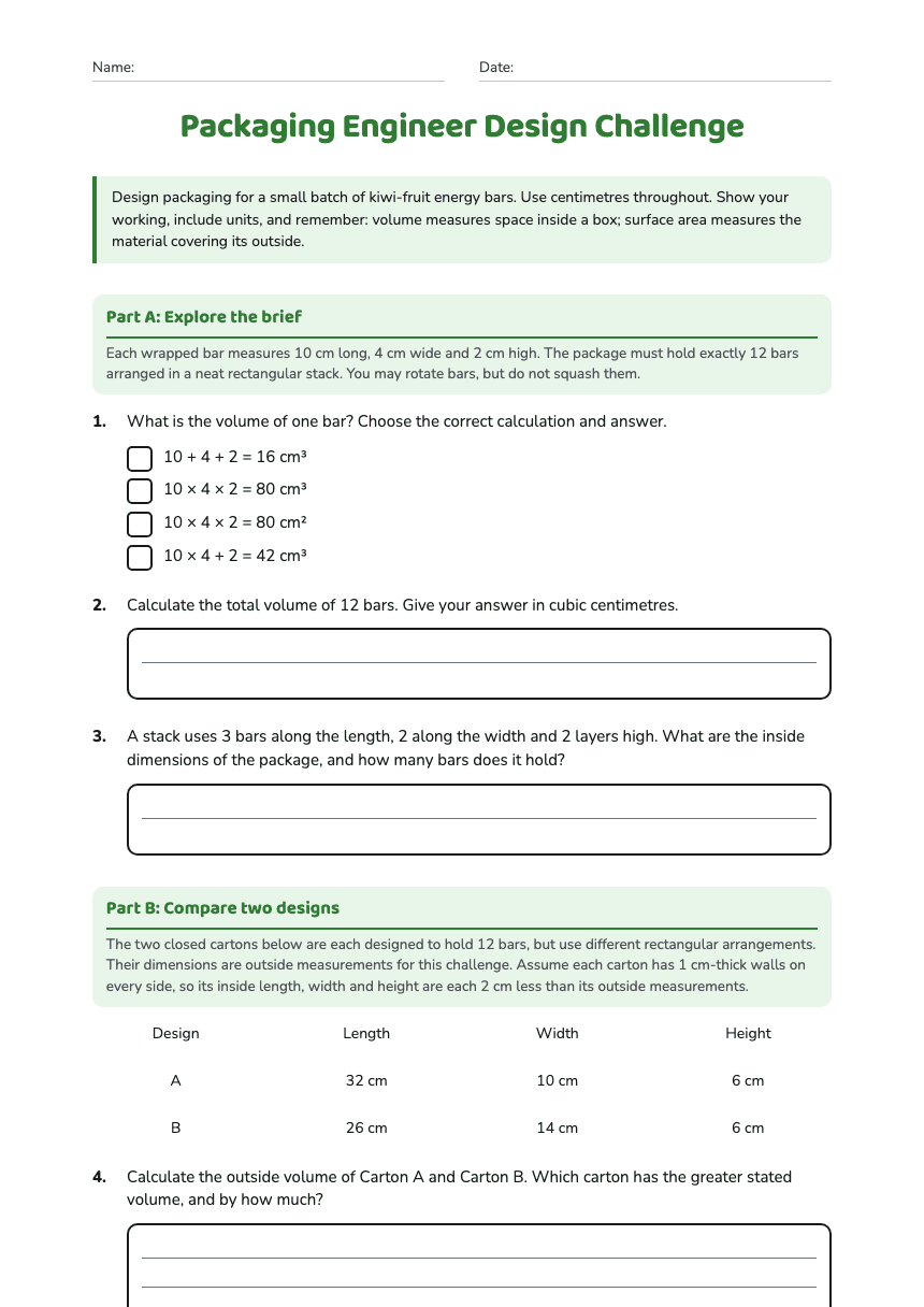 Packaging Engineer Design Challenge worksheet preview