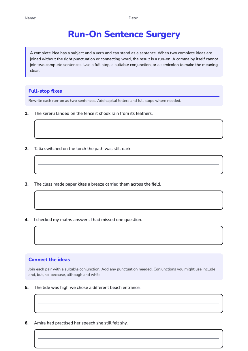 Run-On Sentence Surgery worksheet preview