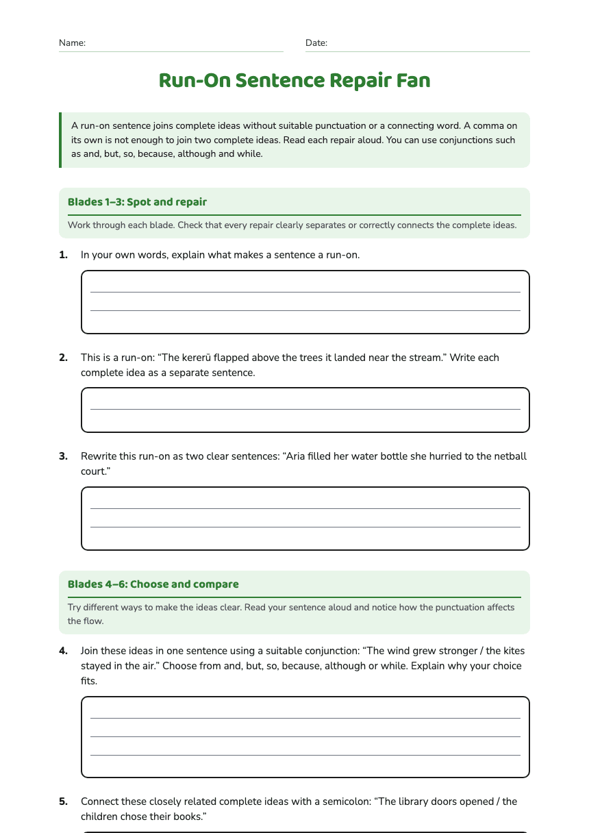 Run-On Sentence Repair Fan worksheet preview