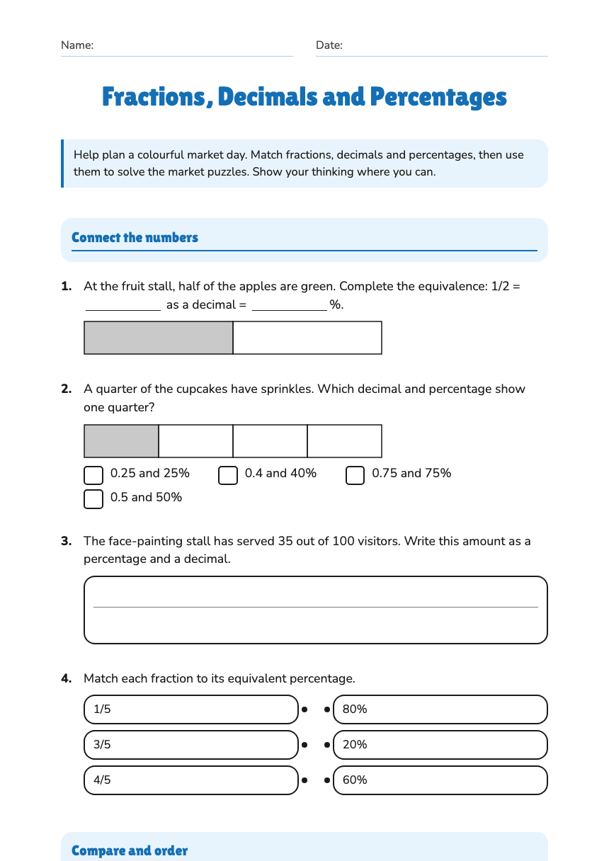 Fractions, Decimals and Percentages worksheet preview