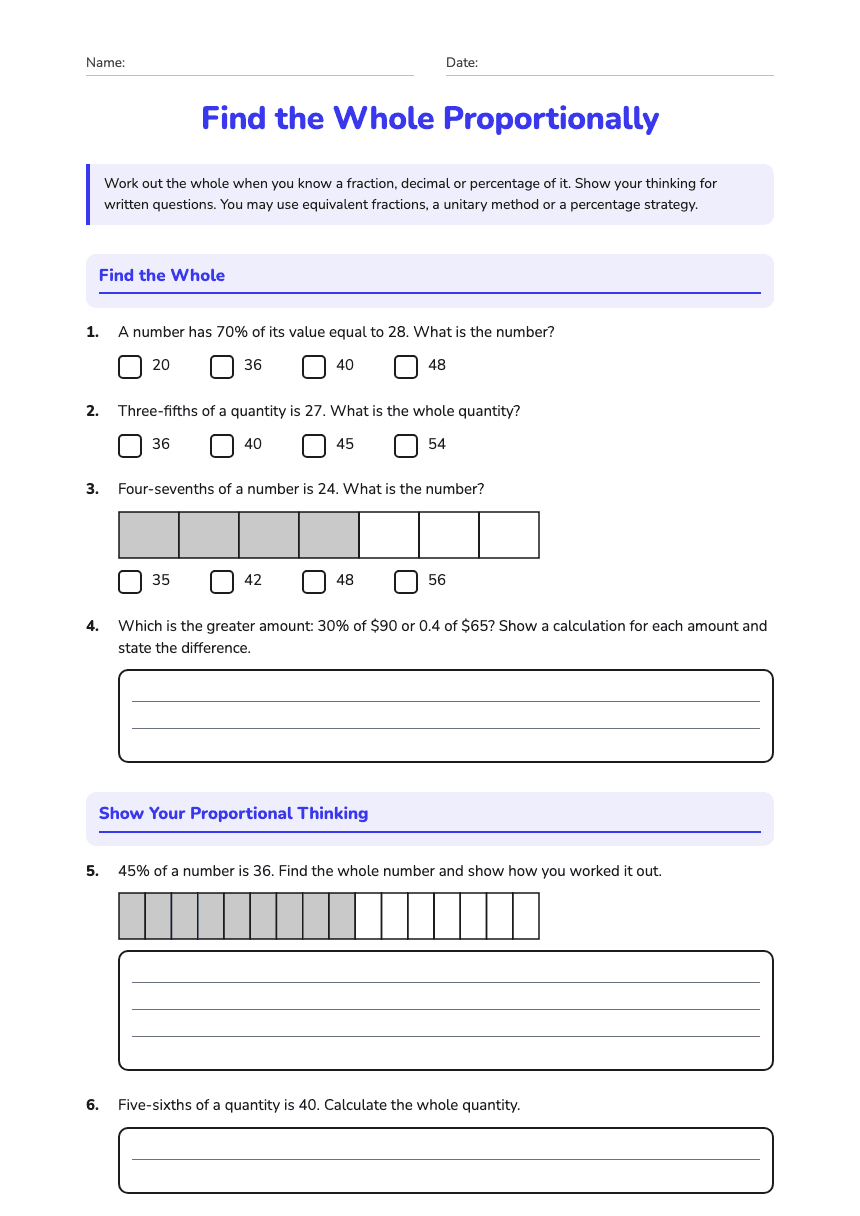Find the Whole Proportionally worksheet preview