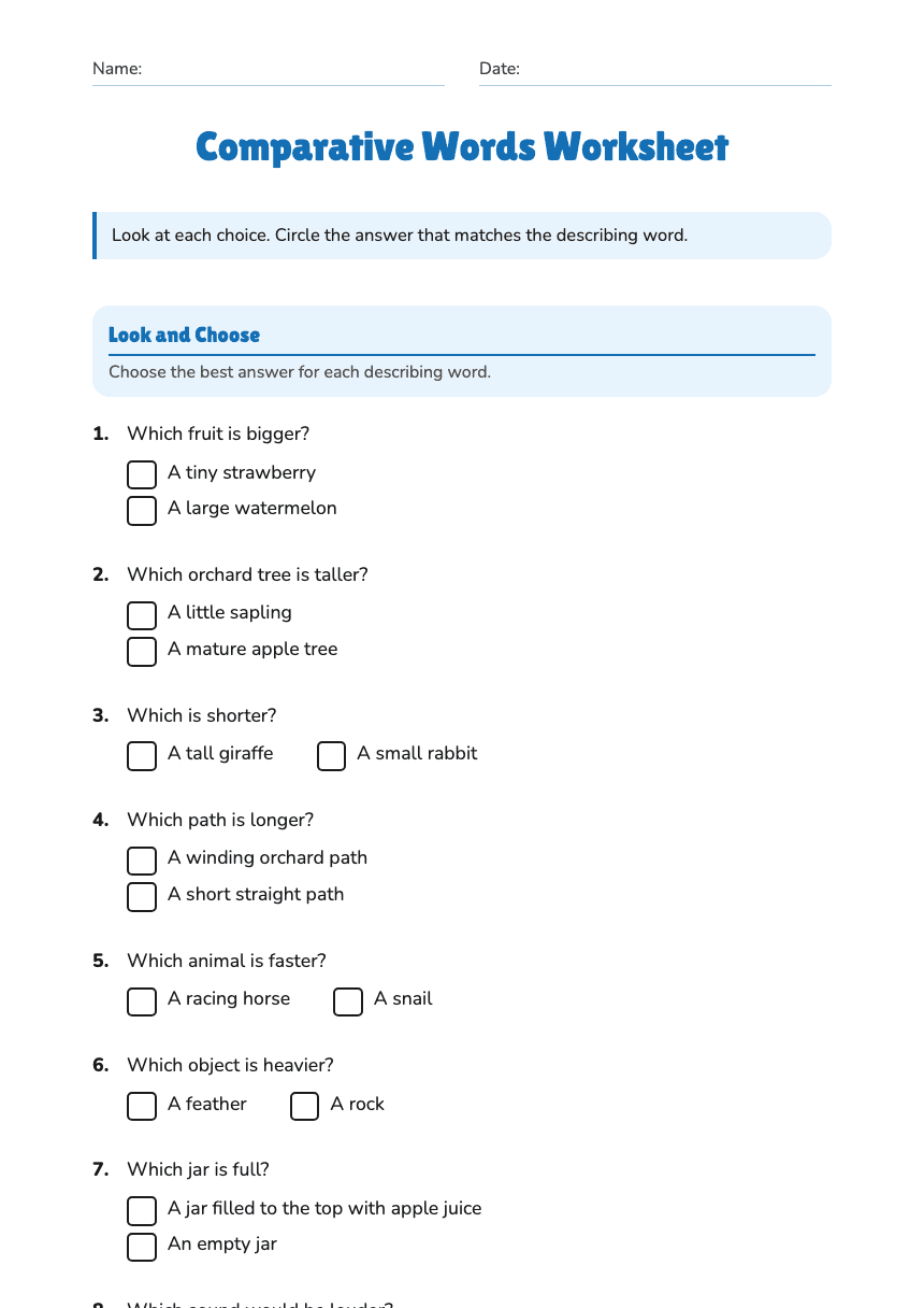 Comparative Words Worksheet worksheet preview