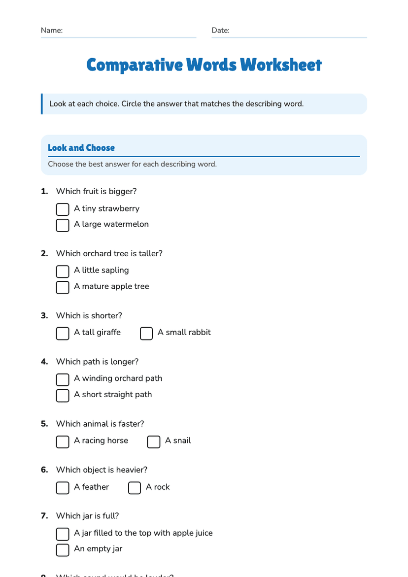 Comparative Words Worksheet