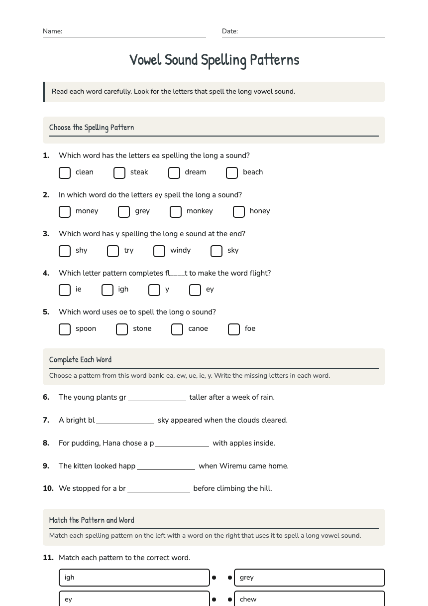 Vowel Sound Spelling Patterns worksheet preview