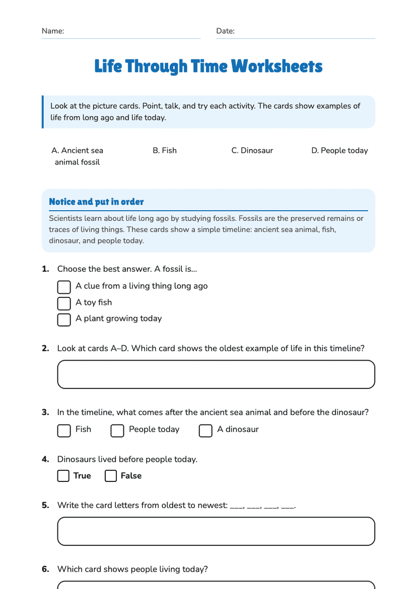 Life Through Time Worksheets